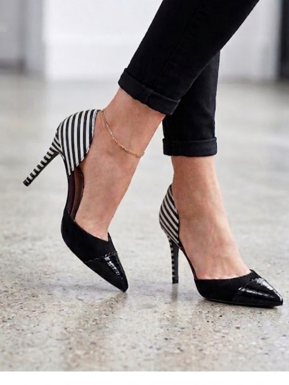 🇬🇧NEXT Y2K Whimsigoth Black Stiletto Heels | D’Orsay Style | Striped Heel US 6.5